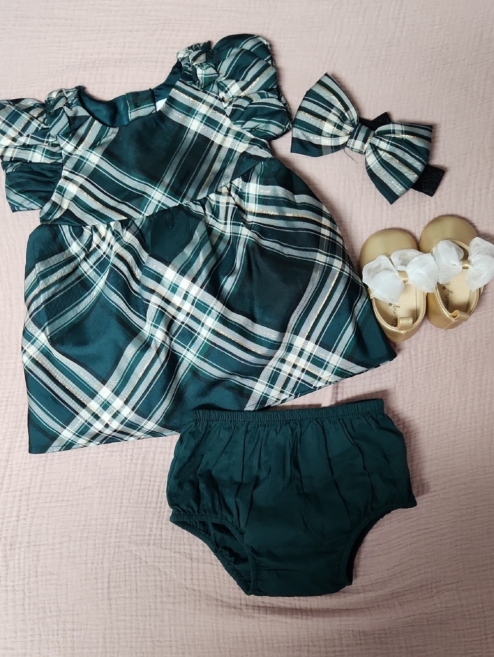 Green Plaid Baby Dress with Bloomers